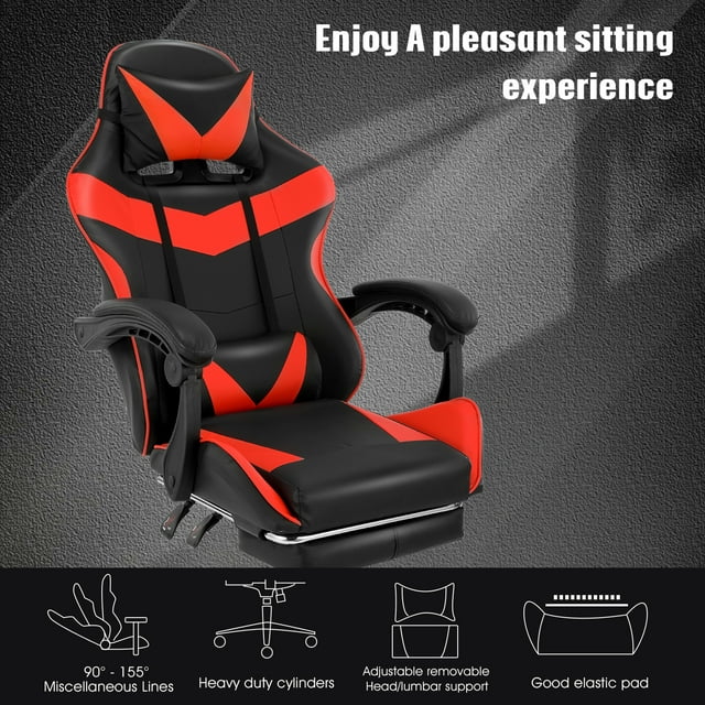 PC Massage Gaming Chair with Footrest Ergonomic Office Desk Chair Racing PU Leather Recliner Swivel Rocker with Headrest and Lumbar Pillow-4747838