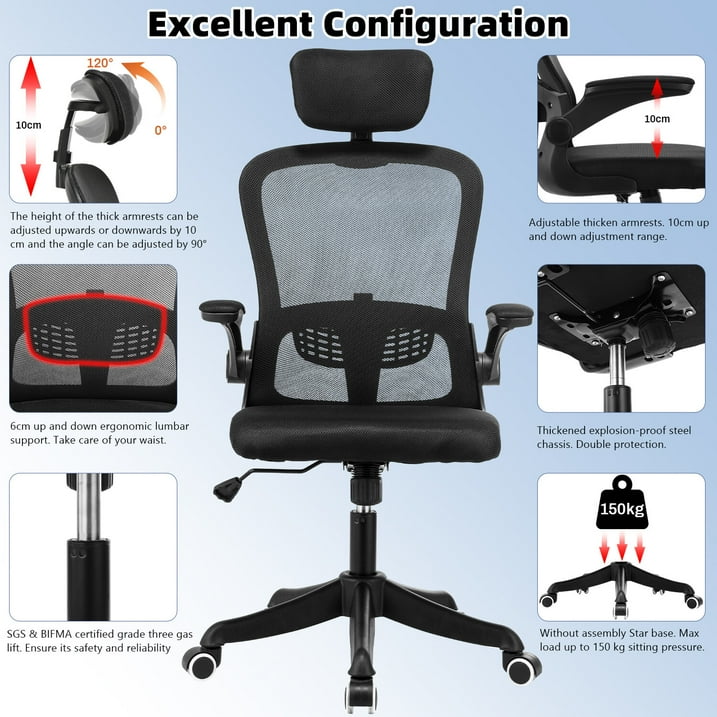 Oyajia Ergonomic Office Chair, Comfort Desk Chair with Adjustable Lumbar Support and Flip up Arms, 150lb, Black-BC