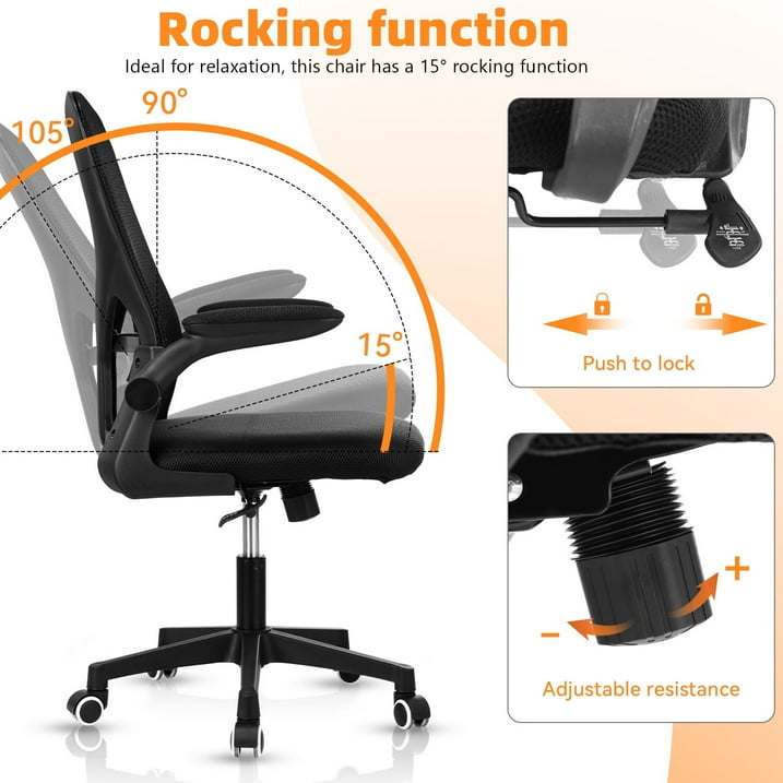 Ergonomic Office Chair, Mid Back Desk Chair with Adjustable Height, Swivel Chair with Flip-Up Arms and Lumbar Support, Breathable Mesh Computer Chair for Home/Study/Working, Dark Black-BC