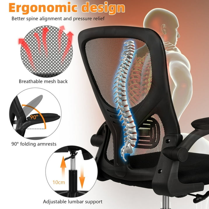 Ergonomic Office Chair, Mid Back Desk Chair with Adjustable Height, Swivel Chair with Flip-Up Arms and Lumbar Support, Breathable Mesh Computer Chair for Home/Study/Working, Dark Black-BC