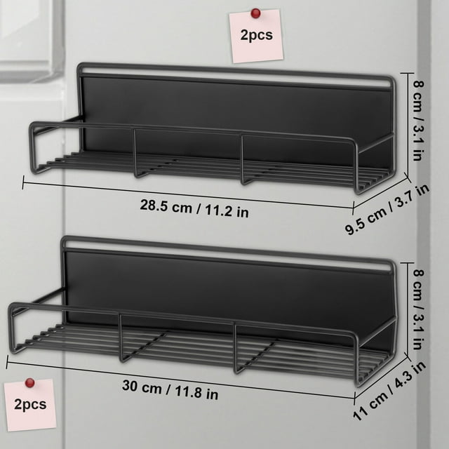 Magnetic Spice Rack Organizer, 4 Pack Moveable Fridge Spice Shelves for Refrigerator and Oven, Metal Refrigerator Shelf-Black