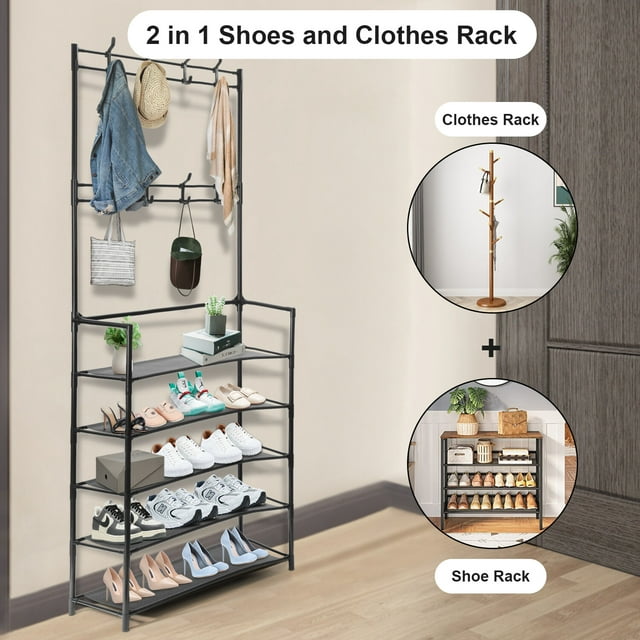 Oyajia 3-in-1 Entryway Coat Rack With Shoe Rack, Multipurpose Hat, and Shoe Storage Rack with 5-Tier 8 Hooks, Suitable for Hats, Shoes, Keys- 4519600