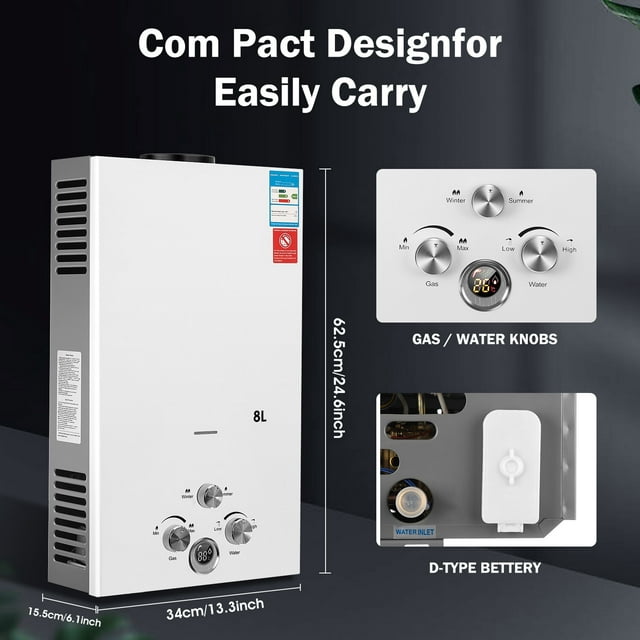 Tankless Water Heater,8L Outdoor Portable Gas Hot Water Heater, Instant Propane Water Heater with Digital Display for Camping Trips Boat Cabins-7792272