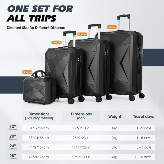 Oyajia Luggage 4 Piece Sets, Hard Shell Luggage Set Expandable Carry-on Luggage Suitcase with Spinner Wheels Durable Lightweight Travel Set for Men Women(14/20/24/28, Black)-9053547