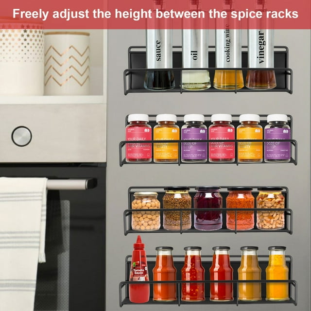 Magnetic Spice Rack Organizer, 4 Pack Moveable Fridge Spice Shelves for Refrigerator and Oven, Metal Refrigerator Shelf-Black