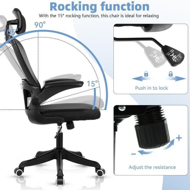 Ergonomic Mesh Office Chair, Oyajia High Back Desk Chair - Adjustable Headrest with Flip-Up Arms, Tilt Function, Lumbar Support and PU Wheels, Swivel Computer Task Chair-6180638