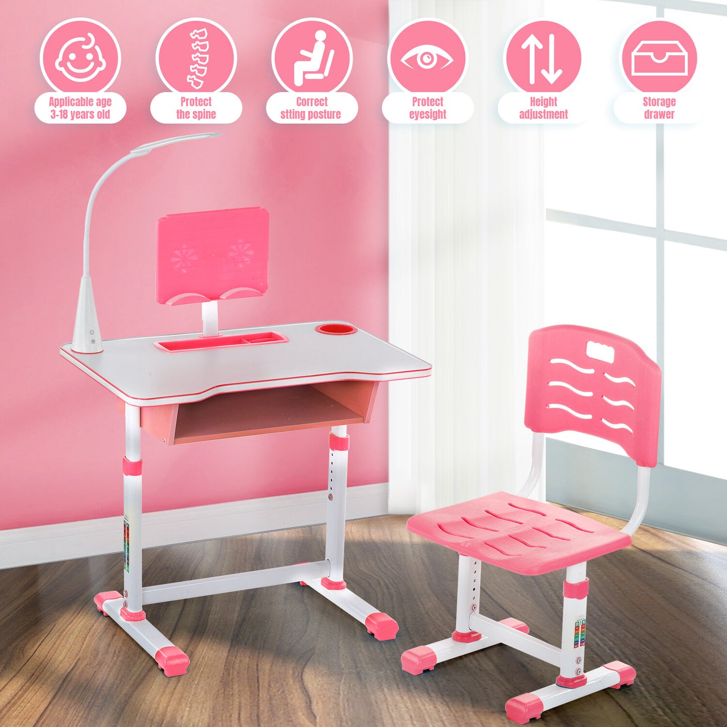 Height Adjustable Kids Desk Chair Set, Oyajia Kids Table, and Chair Set, Activity Desk with USB Lamp, Storage Drawer for Study, Activities, Arts, or Crafts, Pink and Blue-BC