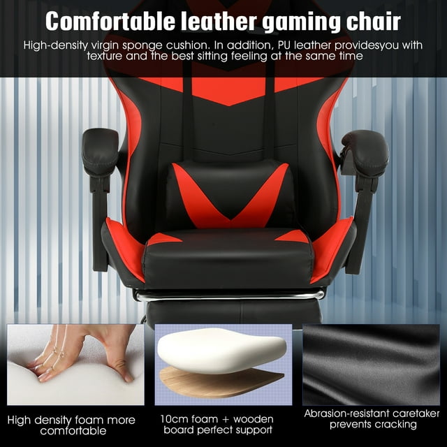 PC Massage Gaming Chair with Footrest Ergonomic Office Desk Chair Racing PU Leather Recliner Swivel Rocker with Headrest and Lumbar Pillow-4747838