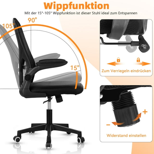 Oyajia Office Chair, Comfort Home Office Task Chair, Lumbar Support Computer Chair with Flip-up Arms and Adjustable Height, Black-4577000