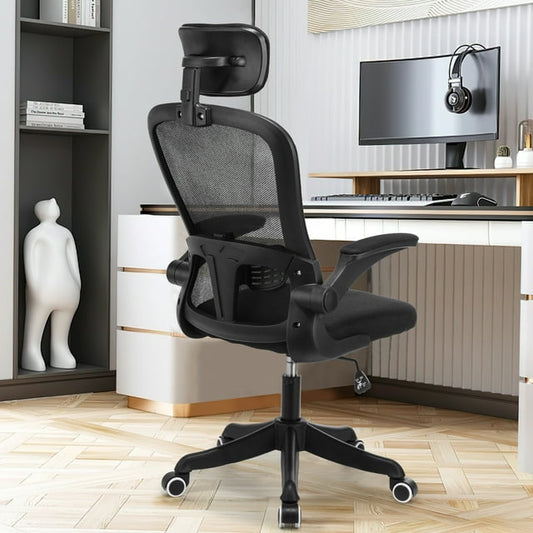 Ergonomic Mesh Office Chair, Oyajia High Back Desk Chair - Adjustable Headrest with Flip-Up Arms, Tilt Function, Lumbar Support and PU Wheels, Swivel Computer Task Chair-6180638