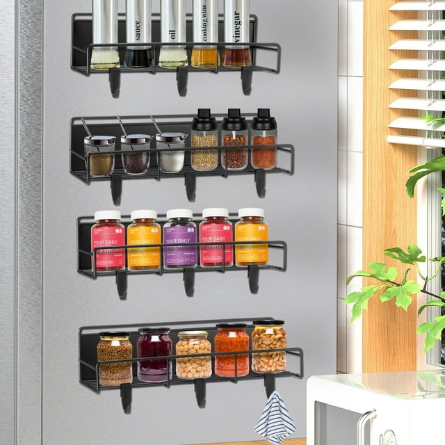 Magnetic Spice Rack Organizer, 4 Pack Moveable Fridge Spice Shelves for Refrigerator and Oven, Metal Refrigerator Shelf-Black