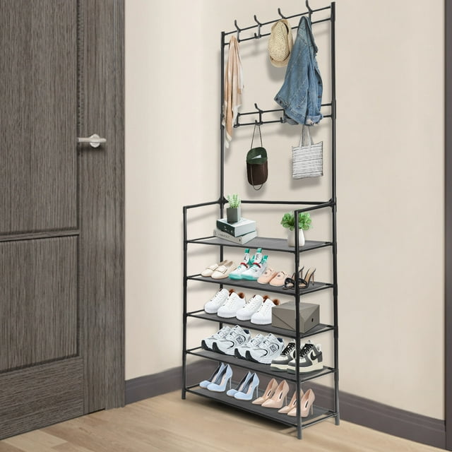 Oyajia 3-in-1 Entryway Coat Rack With Shoe Rack, Multipurpose Hat, and Shoe Storage Rack with 5-Tier 8 Hooks, Suitable for Hats, Shoes, Keys- 4519600