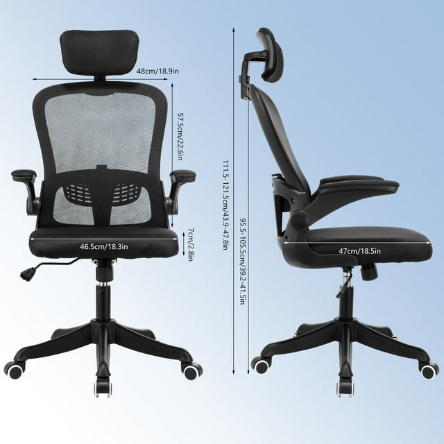 Ergonomic Mesh Office Chair, Oyajia High Back Desk Chair - Adjustable Headrest with Flip-Up Arms, Tilt Function, Lumbar Support and PU Wheels, Swivel Computer Task Chair-6180638