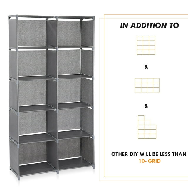 Cube Storage, 10 Cubes Organizer Shelves, Bookcase Shelve for Living Room, Study Room, Bedroom, and Office (Gray)-4044588