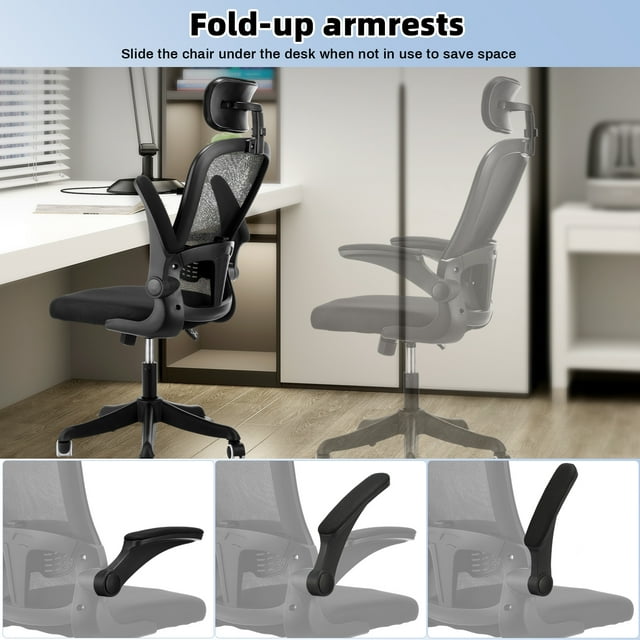 Ergonomic Mesh Office Chair, Oyajia High Back Desk Chair - Adjustable Headrest with Flip-Up Arms, Tilt Function, Lumbar Support and PU Wheels, Swivel Computer Task Chair-6180638