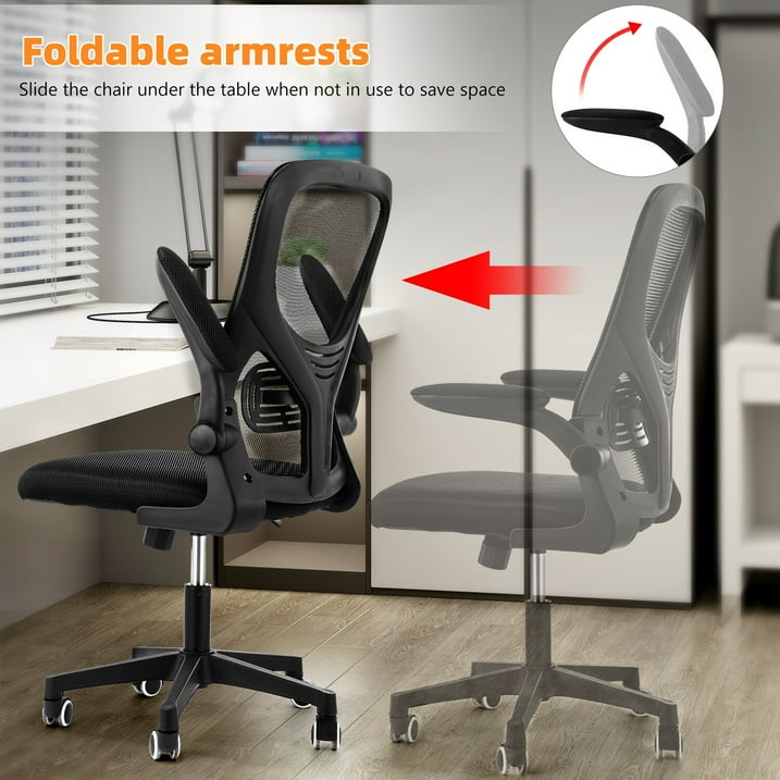 Ergonomic Office Chair, Mid Back Desk Chair with Adjustable Height, Swivel Chair with Flip-Up Arms and Lumbar Support, Breathable Mesh Computer Chair for Home/Study/Working, Dark Black-BC