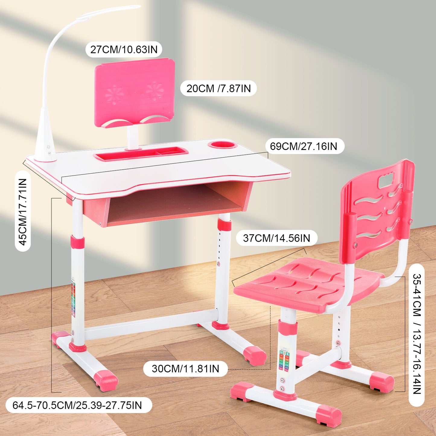 Height Adjustable Kids Desk Chair Set, Oyajia Kids Table, and Chair Set, Activity Desk with USB Lamp, Storage Drawer for Study, Activities, Arts, or Crafts, Pink and Blue-BC